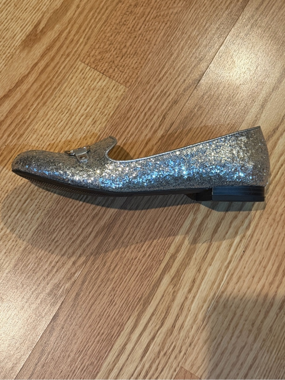G by Guess Silver Glitter Slip-On Loafers with Logo Buckle - Picture 2 of 3